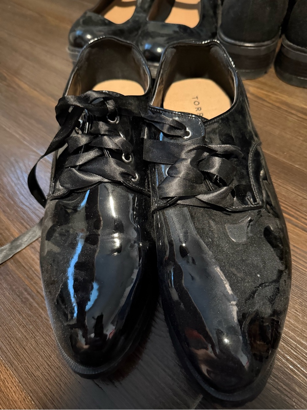 Torrid Black Patent Satin Ribbon Lace Oxford Flats